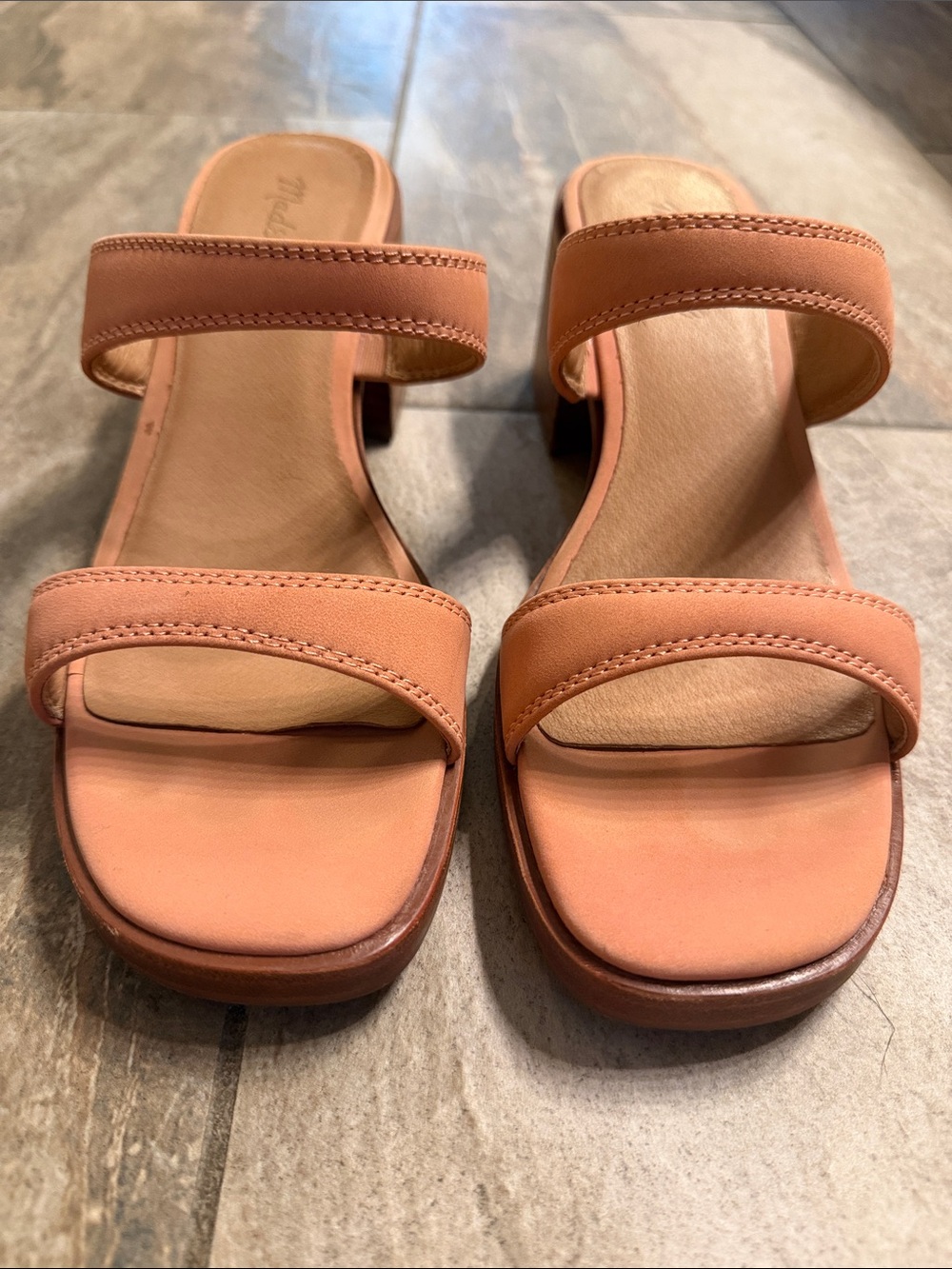 Madewell Peach Leather Double-Strap Block Heel Sandals